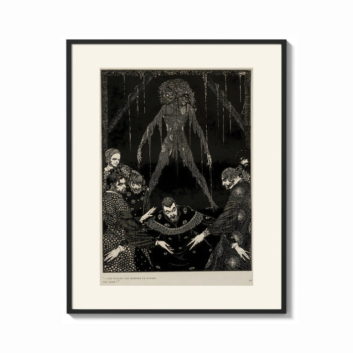Framed Ghostly figure looming over frightened men print shown as a bold statement piece on a clean gallery wall