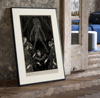 Ghostly figure looming over frightened men print in a black frame leaning beside a vintage door on parquet