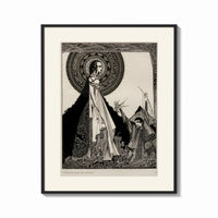 Framed ethereal woman and shrouded man print shown as a bold statement piece on a clean gallery wall