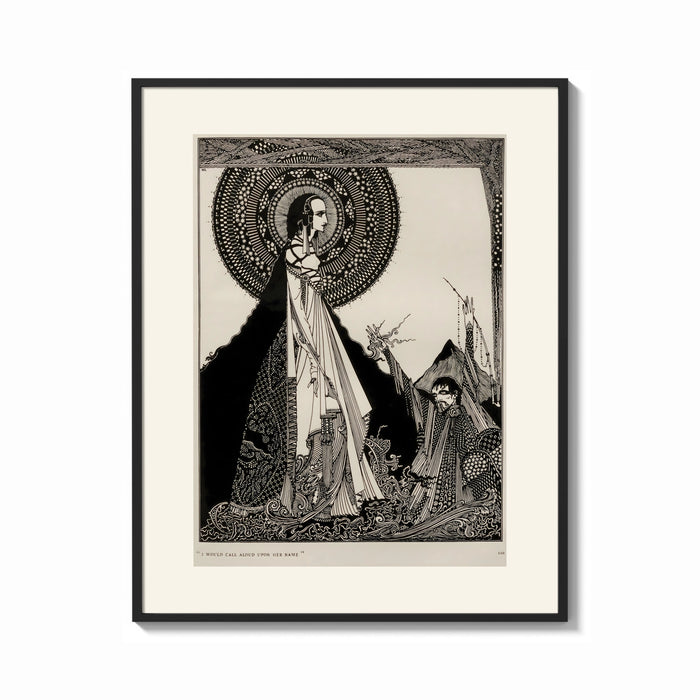 Framed ethereal woman and shrouded man print shown as a bold statement piece on a clean gallery wall