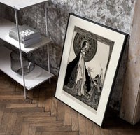 ethereal woman and shrouded man poster in a black frame leaning beside a shelf in a raw-plaster loft