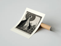 Rolled ethereal woman and shrouded man poster beside its crush-resistant kraft shipping tube