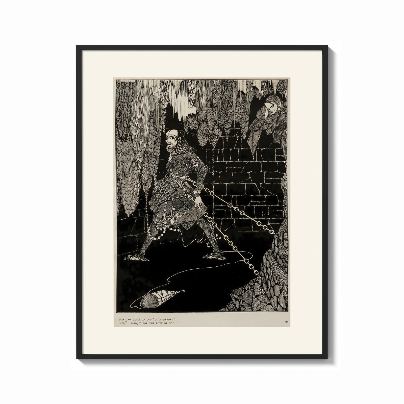Framed chained man in dungeon catacomb print shown as a bold statement piece on a clean gallery wall
