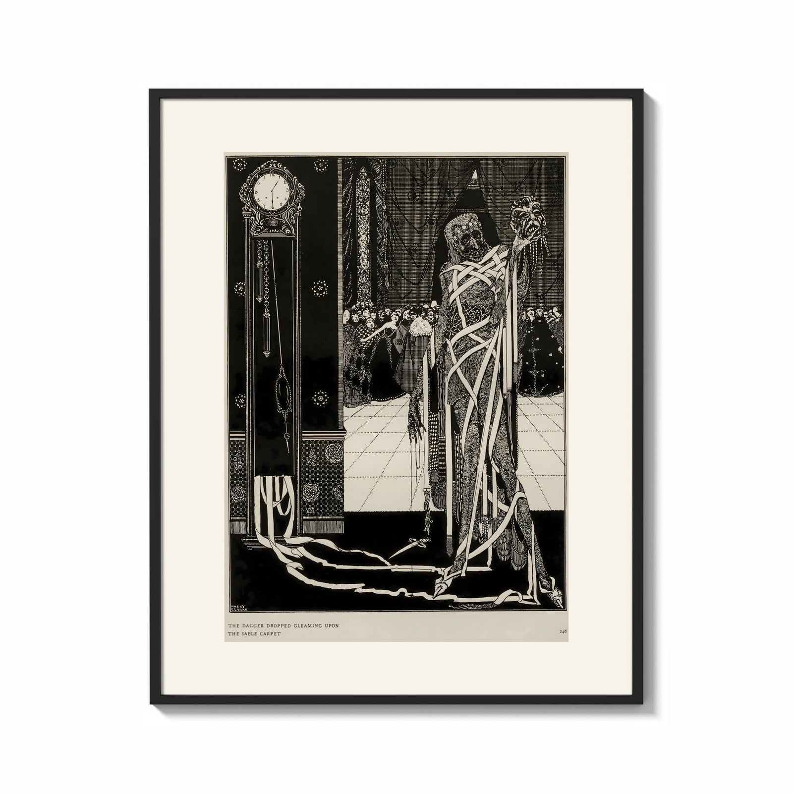 Framed Cloaked skeletal masque figure standing print shown as a bold statement piece on a clean gallery wall