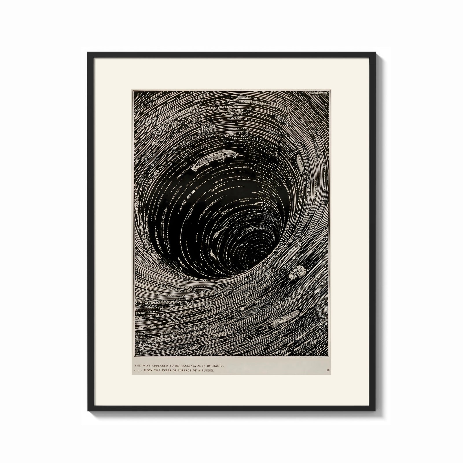 Framed Boat caught in whirlpool vortex print shown as a bold statement piece on a clean gallery wall