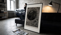 Boat caught in whirlpool vortex print in a slim black frame leaning on a dark sofa in a concrete print studio