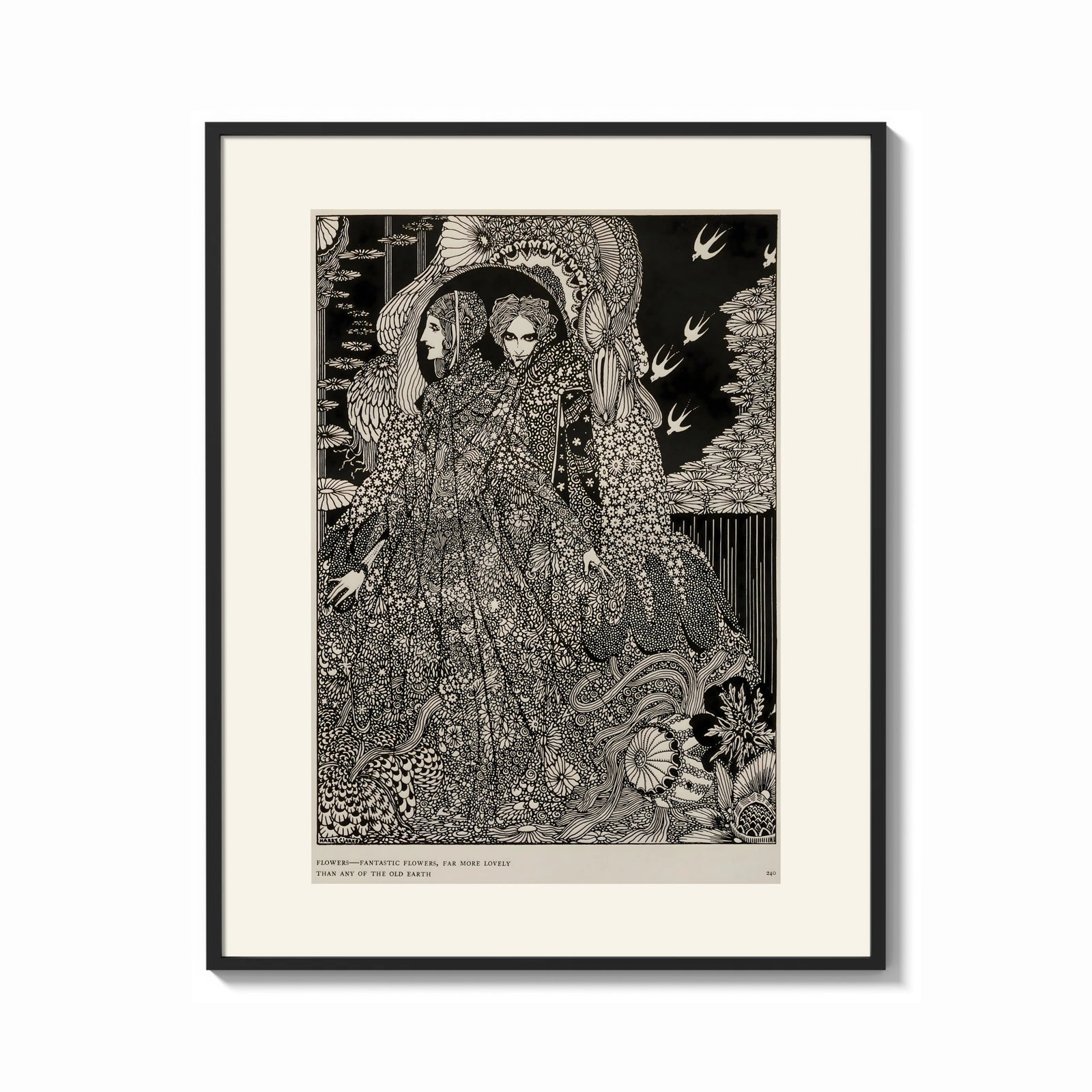 Framed Two ornately robed figures embracing print shown as a bold statement piece on a clean gallery wall