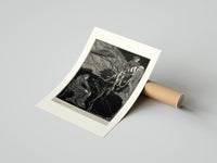 Rolled Man carrying pale woman, seated figure poster beside its crush-resistant kraft shipping tube