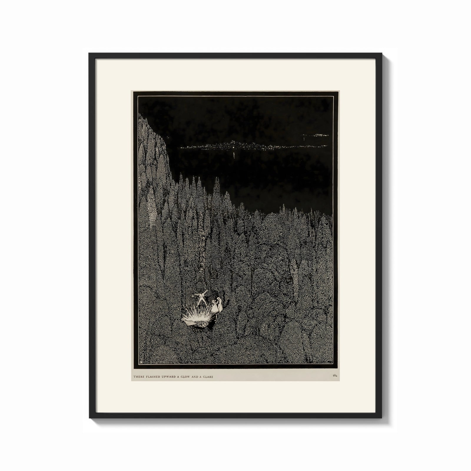Framed Two figures in boat amid rocks print shown as a bold statement piece on a clean gallery wall