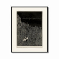Framed Two figures in boat amid rocks print shown as a bold statement piece on a clean gallery wall