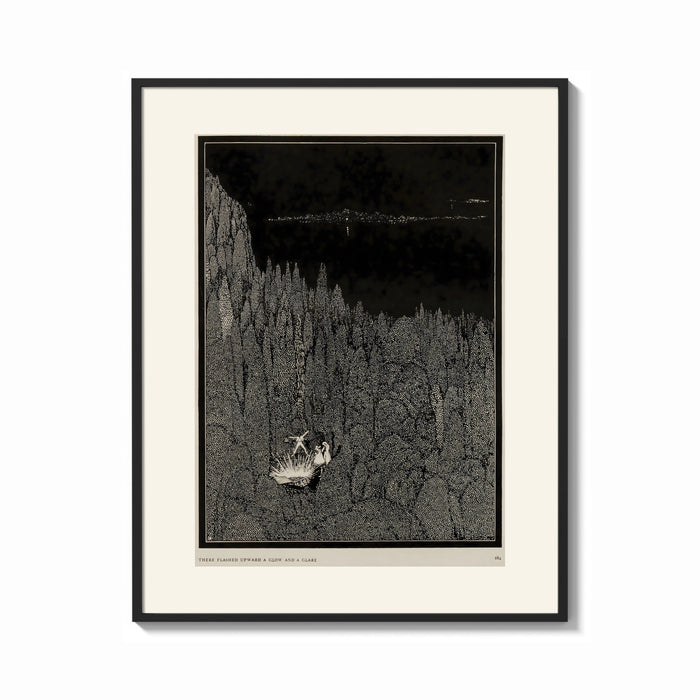 Framed Two figures in boat amid rocks print shown as a bold statement piece on a clean gallery wall