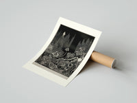 Rolled Robed figure atop dark mound poster beside its crush-resistant kraft shipping tube