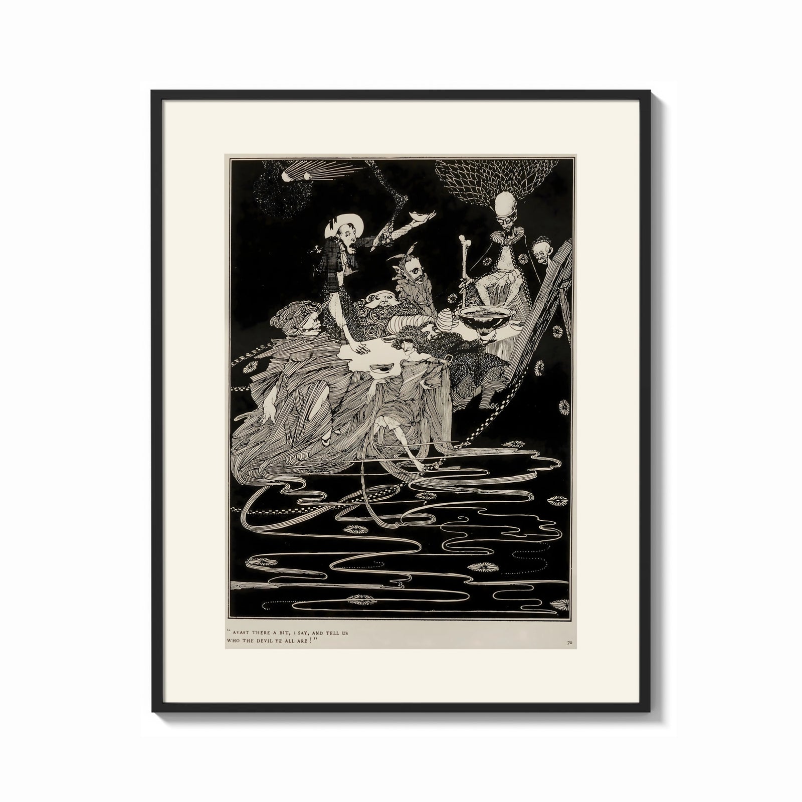 Framed grotesque figures gathered around fantastical scene print shown as a bold statement piece on a clean gallery wall