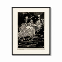 Framed grotesque figures gathered around fantastical scene print shown as a bold statement piece on a clean gallery wall