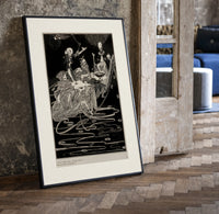 grotesque figures gathered around fantastical scene print in a black frame leaning beside a vintage door on parquet