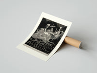 Rolled grotesque figures gathered around fantastical scene poster beside its crush-resistant kraft shipping tube