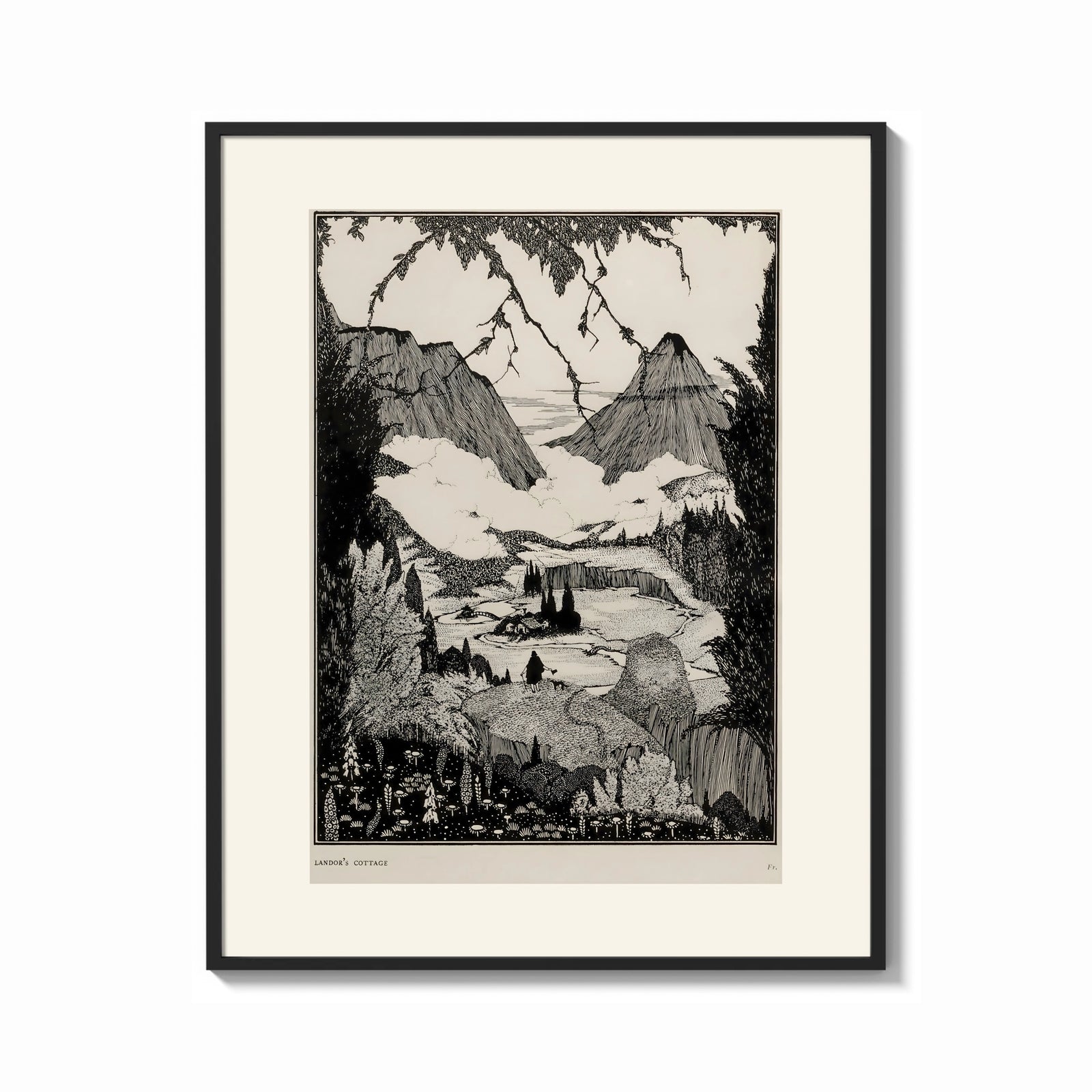 Framed Mountain valley landscape with figure print shown as a bold statement piece on a clean gallery wall