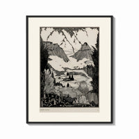 Framed Mountain valley landscape with figure print shown as a bold statement piece on a clean gallery wall