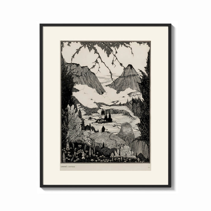 Framed Mountain valley landscape with figure print shown as a bold statement piece on a clean gallery wall