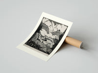 Rolled Mountain valley landscape with figure poster beside its crush-resistant kraft shipping tube