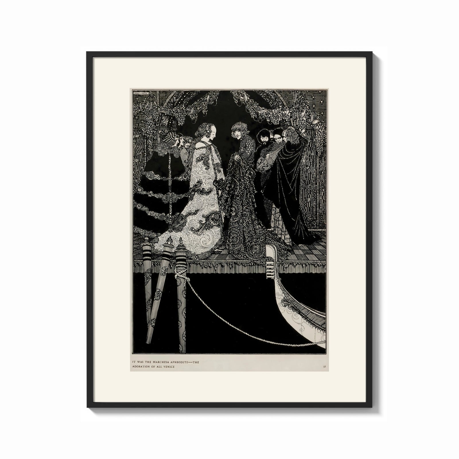 Framed Elegant Venetian noblewoman with courtiers print shown as a bold statement piece on a clean gallery wall