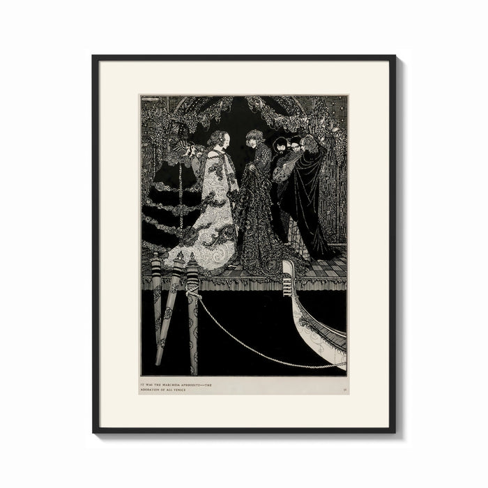 Framed Elegant Venetian noblewoman with courtiers print shown as a bold statement piece on a clean gallery wall