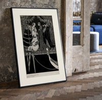 Elegant Venetian noblewoman with courtiers print in a black frame leaning beside a vintage door on parquet