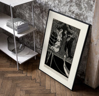 Elegant Venetian noblewoman with courtiers poster in a black frame leaning beside a shelf in a raw-plaster loft