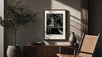 Elegant Venetian noblewoman with courtiers poster framed above a fluted sideboard beside an olive tree