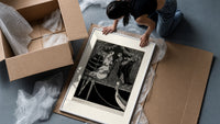 Elegant Venetian noblewoman with courtiers framed print being unpacked from protective bubble wrap and a box