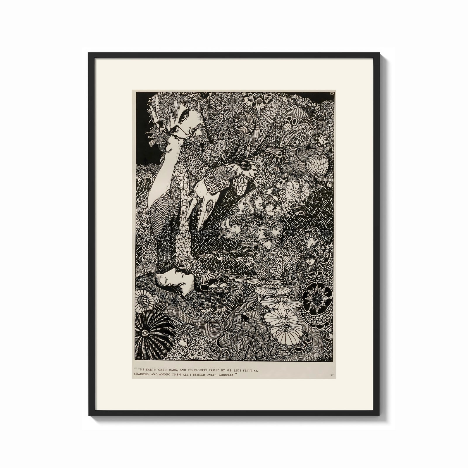 Framed Ornate woman with flitting faces print shown as a bold statement piece on a clean gallery wall
