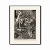 Framed Ornate woman with flitting faces print shown as a bold statement piece on a clean gallery wall