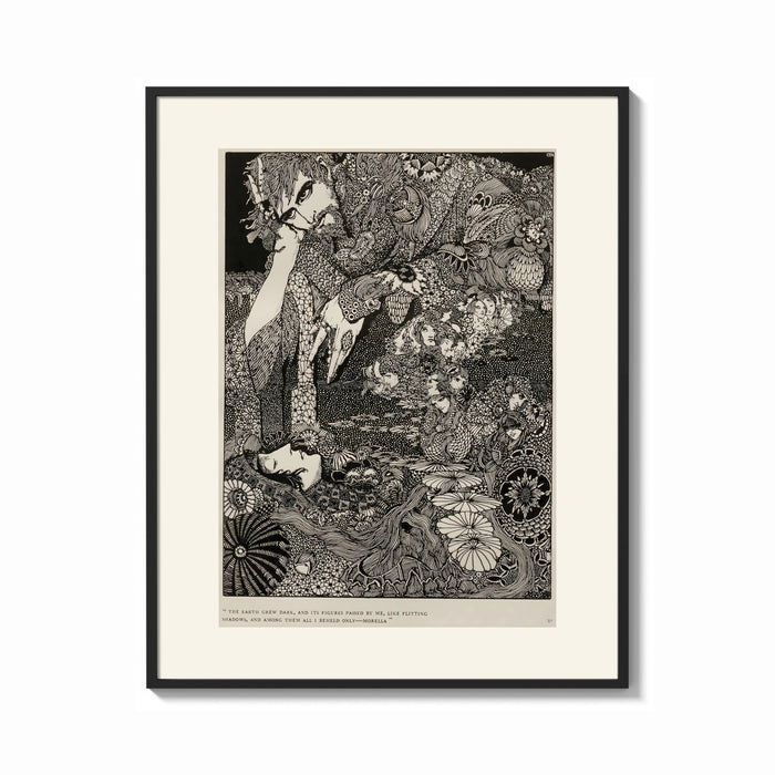 Framed Ornate woman with flitting faces print shown as a bold statement piece on a clean gallery wall