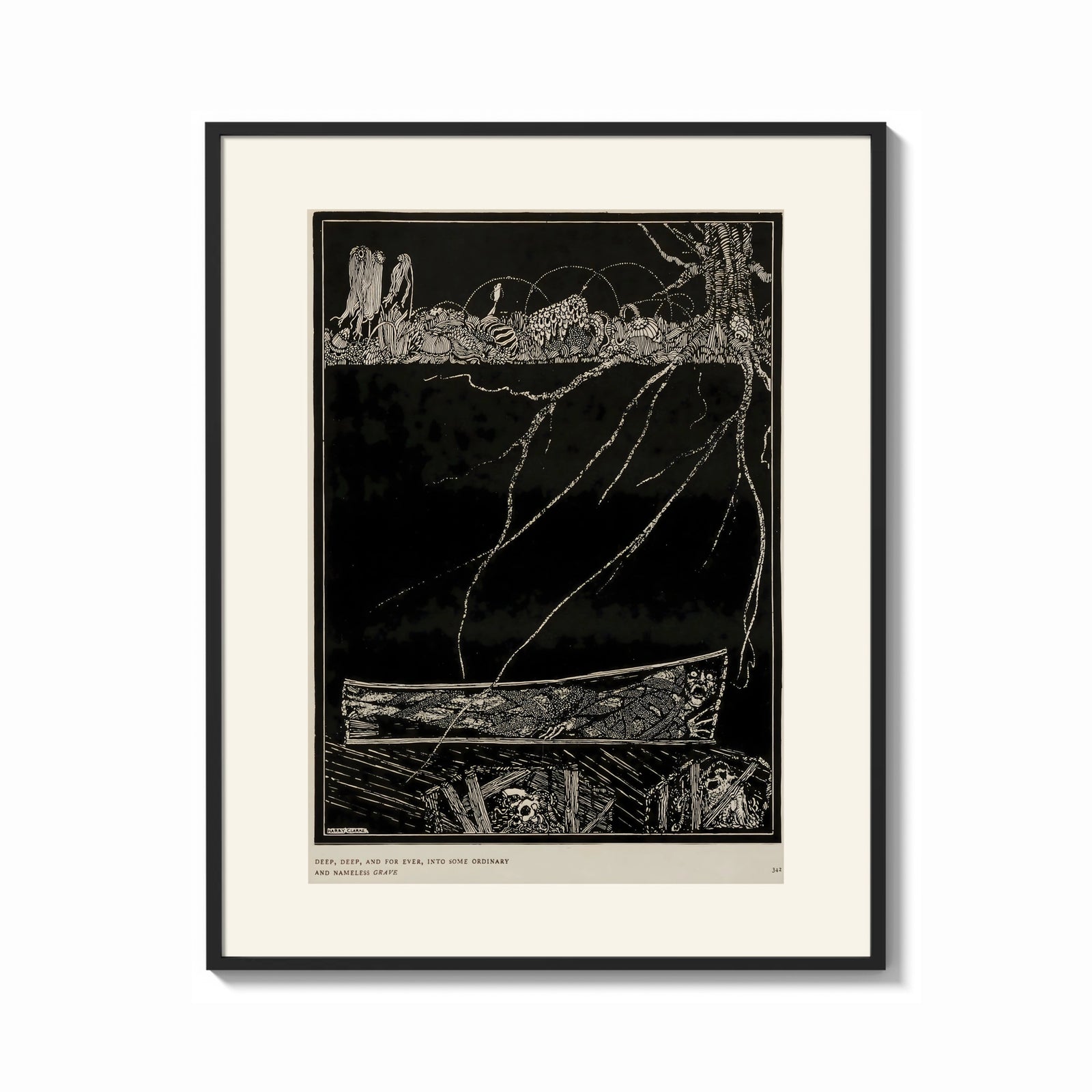 Framed Buried man in coffin underground print shown as a bold statement piece on a clean gallery wall