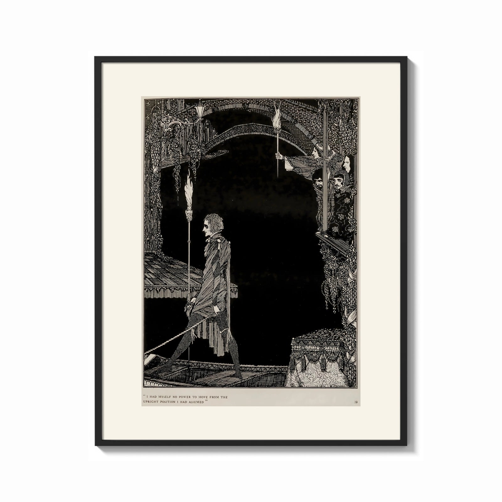 Framed Man walking with torch in dark hall print shown as a bold statement piece on a clean gallery wall
