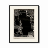Framed Man walking with torch in dark hall print shown as a bold statement piece on a clean gallery wall