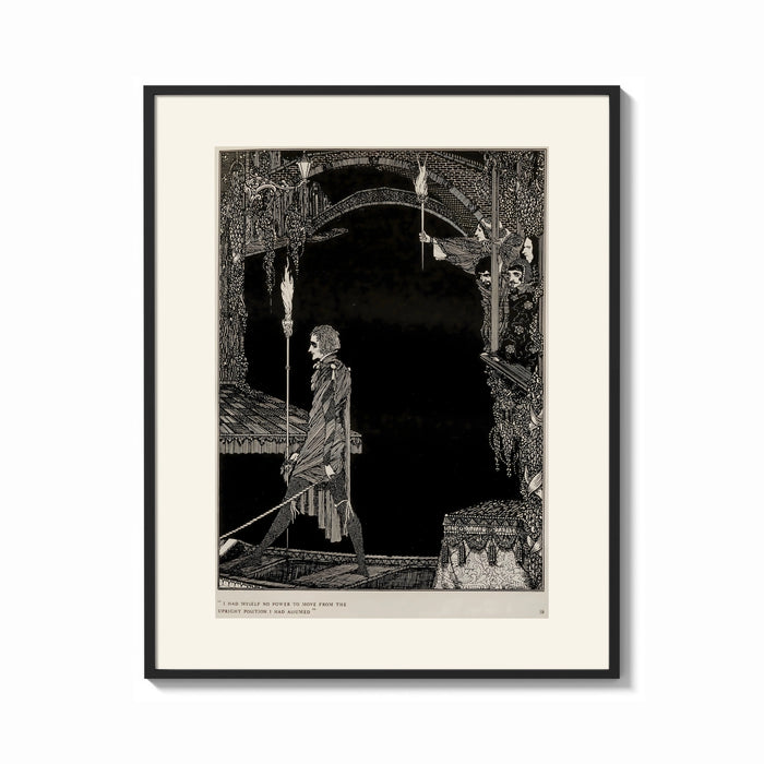 Framed Man walking with torch in dark hall print shown as a bold statement piece on a clean gallery wall