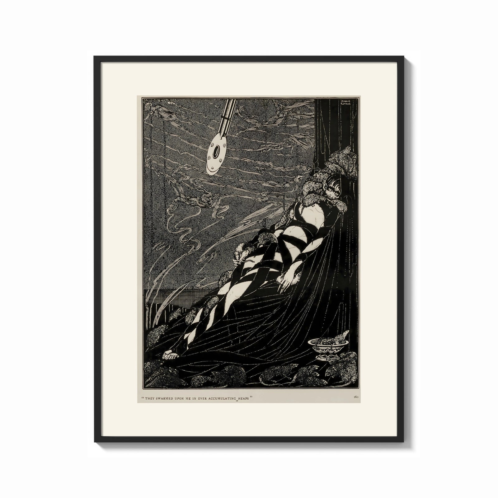 Framed Bound man swarmed by rats print shown as a bold statement piece on a clean gallery wall