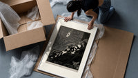 Bound man swarmed by rats framed print being unpacked from protective bubble wrap and a box