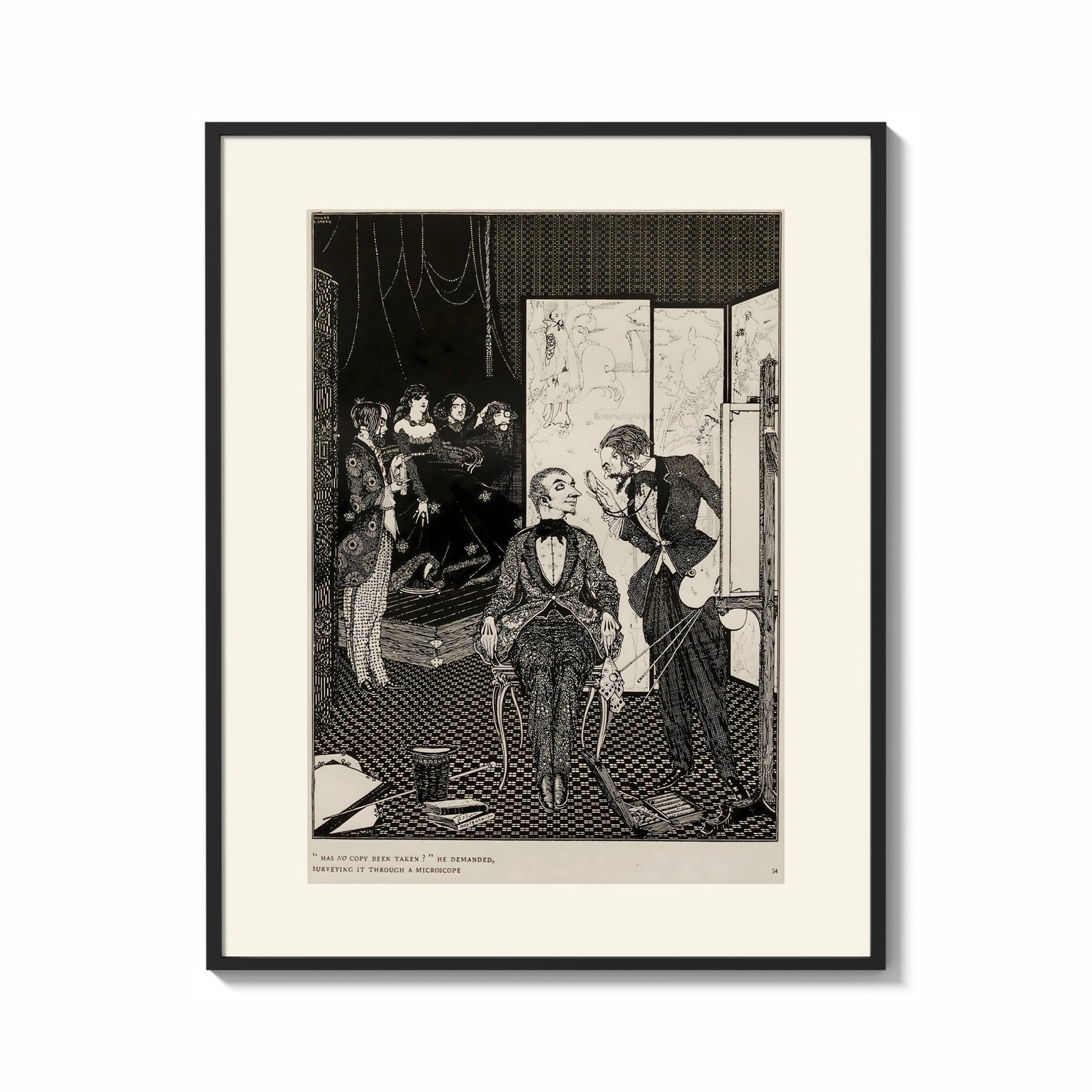 Framed seated man examined by standing figure print shown as a bold statement piece on a clean gallery wall