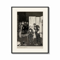 Framed seated man examined by standing figure print shown as a bold statement piece on a clean gallery wall