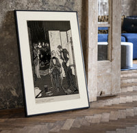 seated man examined by standing figure print in a black frame leaning beside a vintage door on parquet