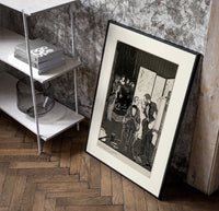 seated man examined by standing figure poster in a black frame leaning beside a shelf in a raw-plaster loft