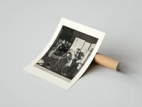 Rolled seated man examined by standing figure poster beside its crush-resistant kraft shipping tube