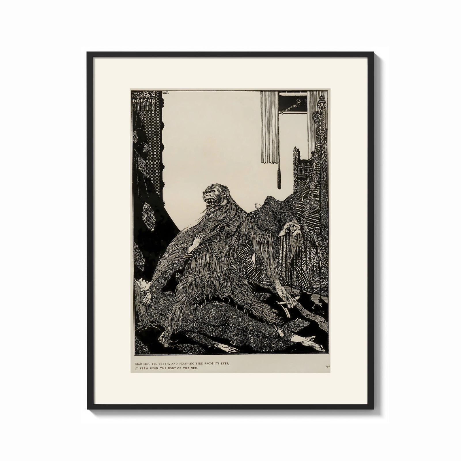 Framed Snarling ape attacking woman print shown as a bold statement piece on a clean gallery wall
