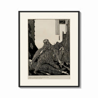 Framed Snarling ape attacking woman print shown as a bold statement piece on a clean gallery wall