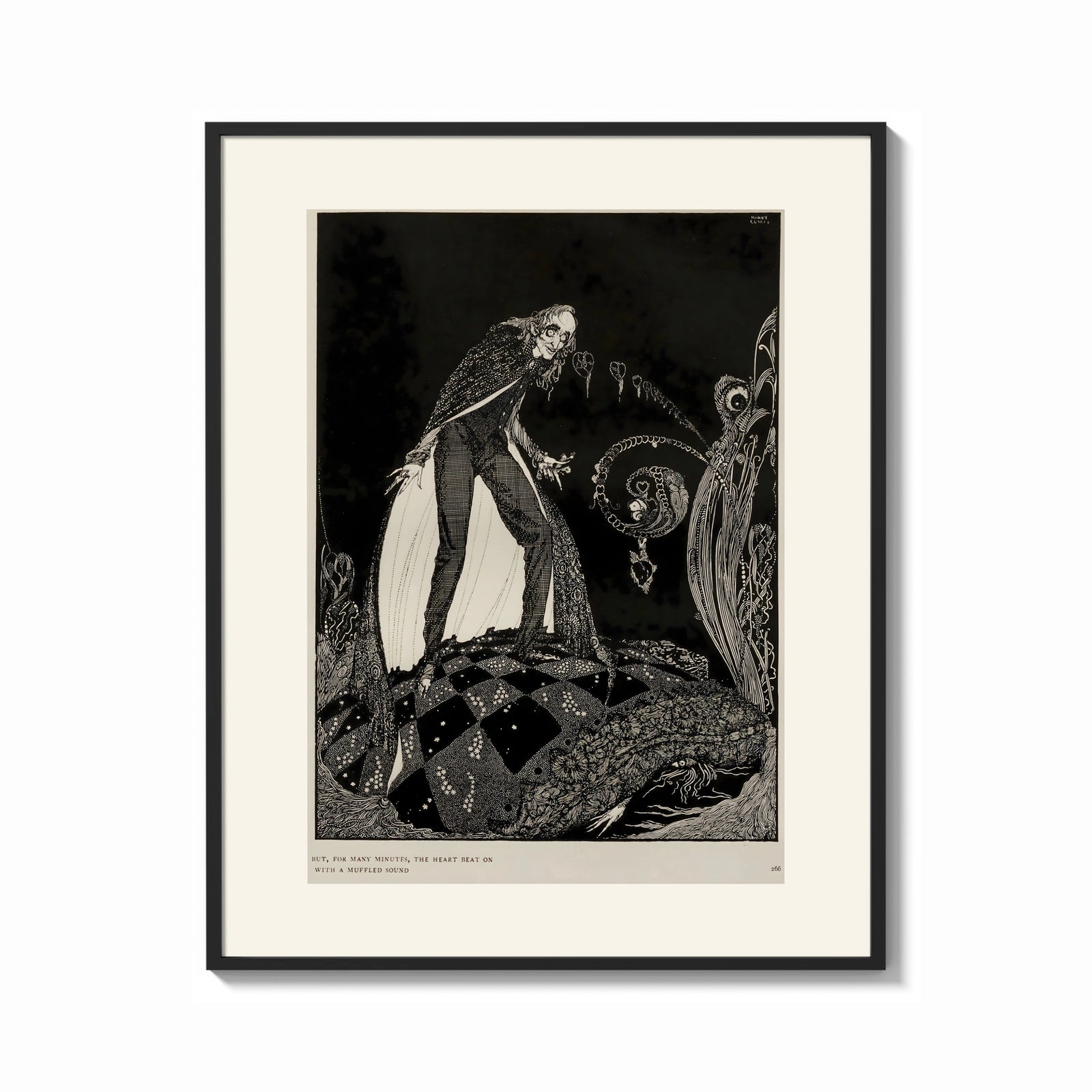 Framed Gaunt sinister man over hidden figure print shown as a bold statement piece on a clean gallery wall