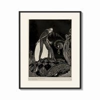 Framed Gaunt sinister man over hidden figure print shown as a bold statement piece on a clean gallery wall