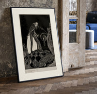 Gaunt sinister man over hidden figure print in a black frame leaning beside a vintage door on parquet