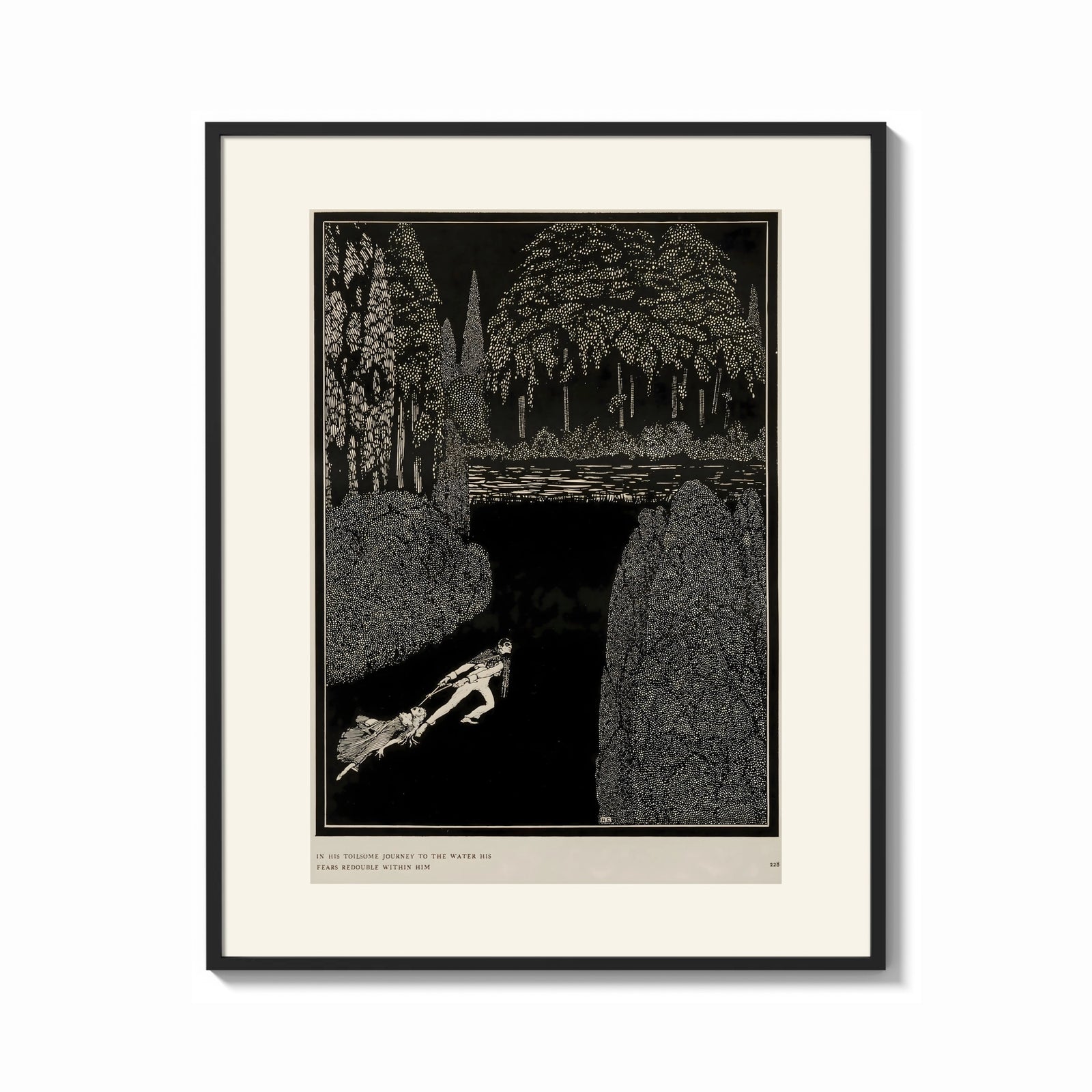 Framed Man dragging woman toward water print shown as a bold statement piece on a clean gallery wall